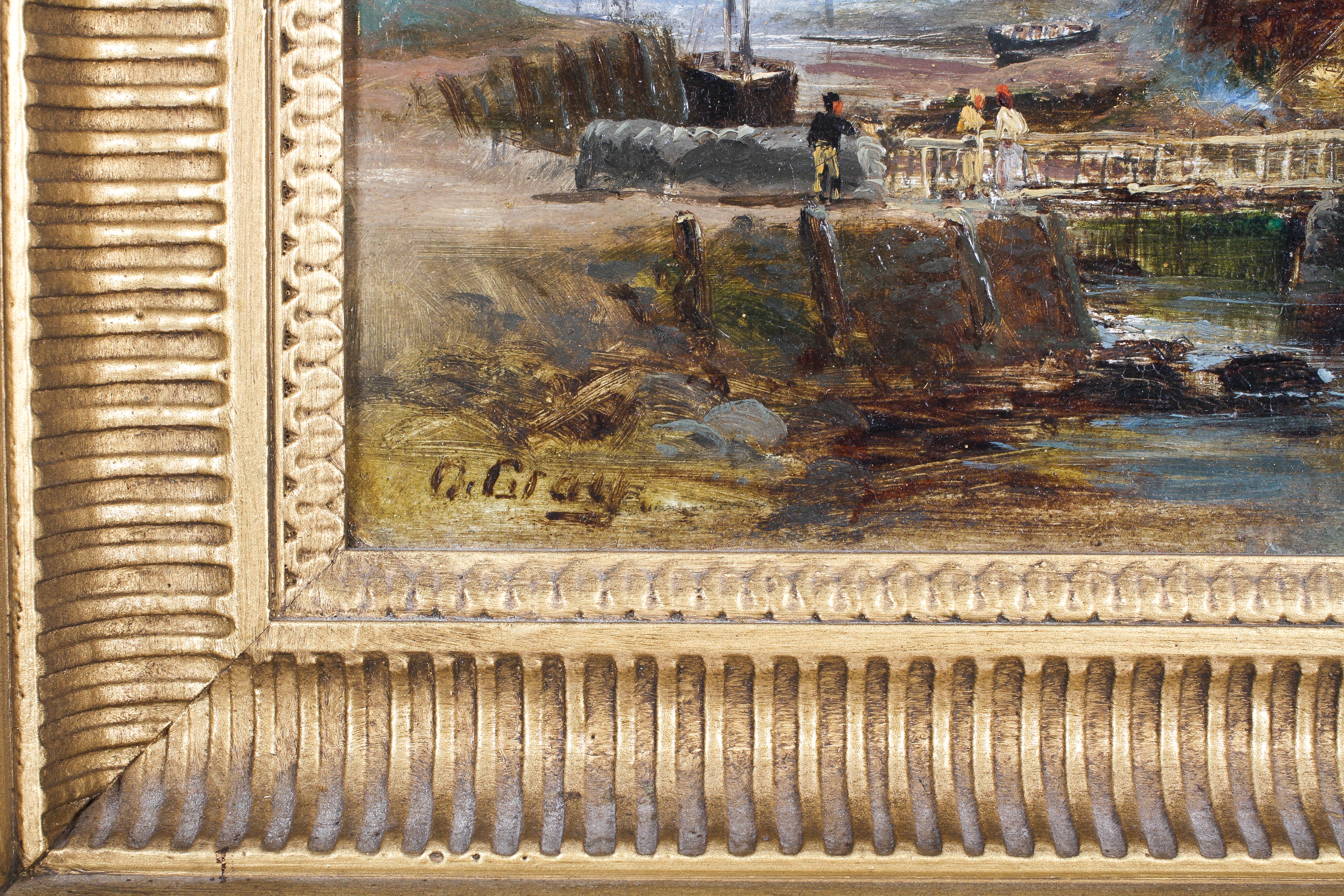 D Gray, British, 20th Century School, Figures on a Bridge in Harbour, oil on board, - Image 3 of 4