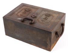 A cast metal lock box with arrow stamp to front, lock mechanism present,