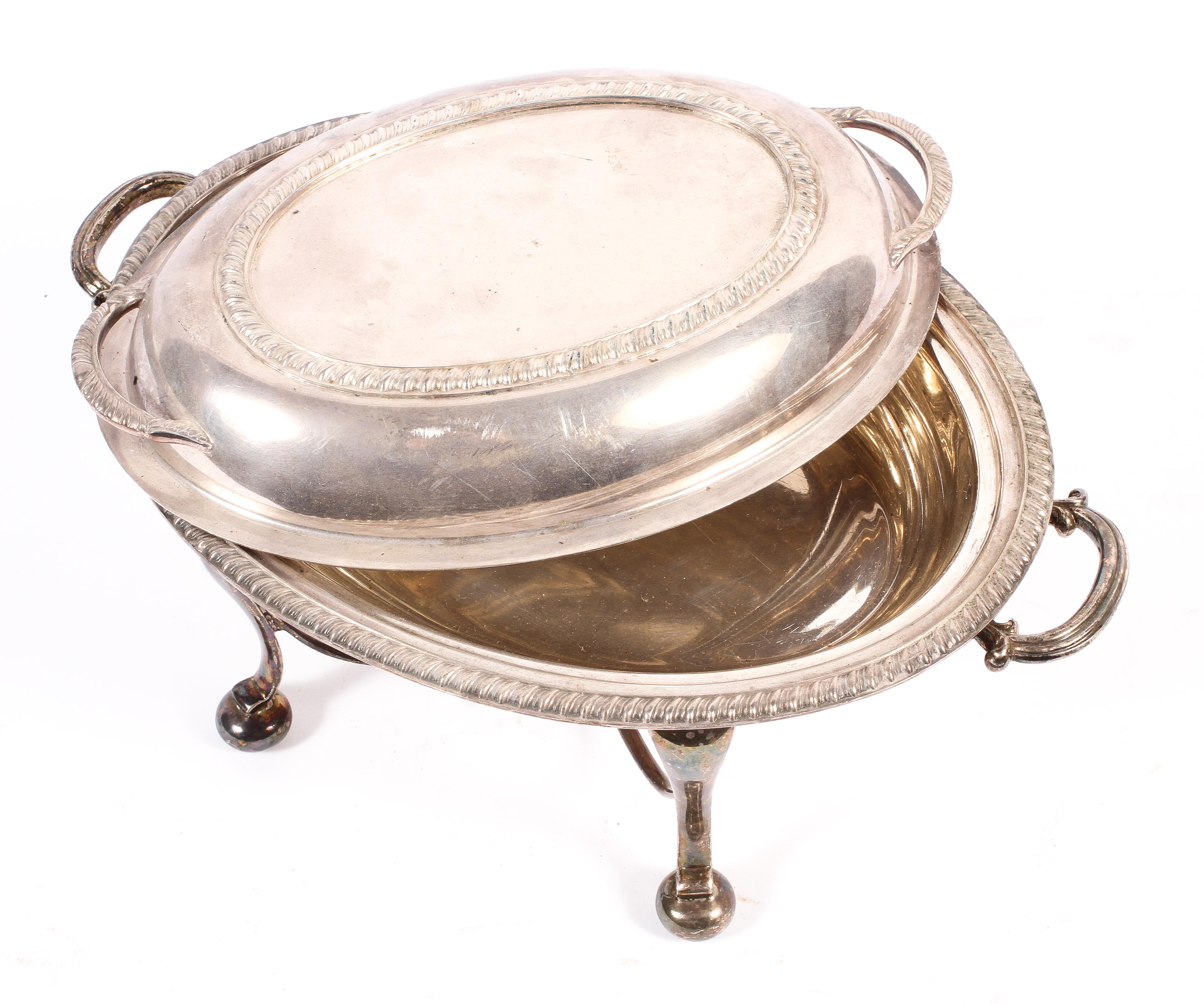 A lidded silver plated muffin dish or food warmer on plated stand with burner, - Image 2 of 2