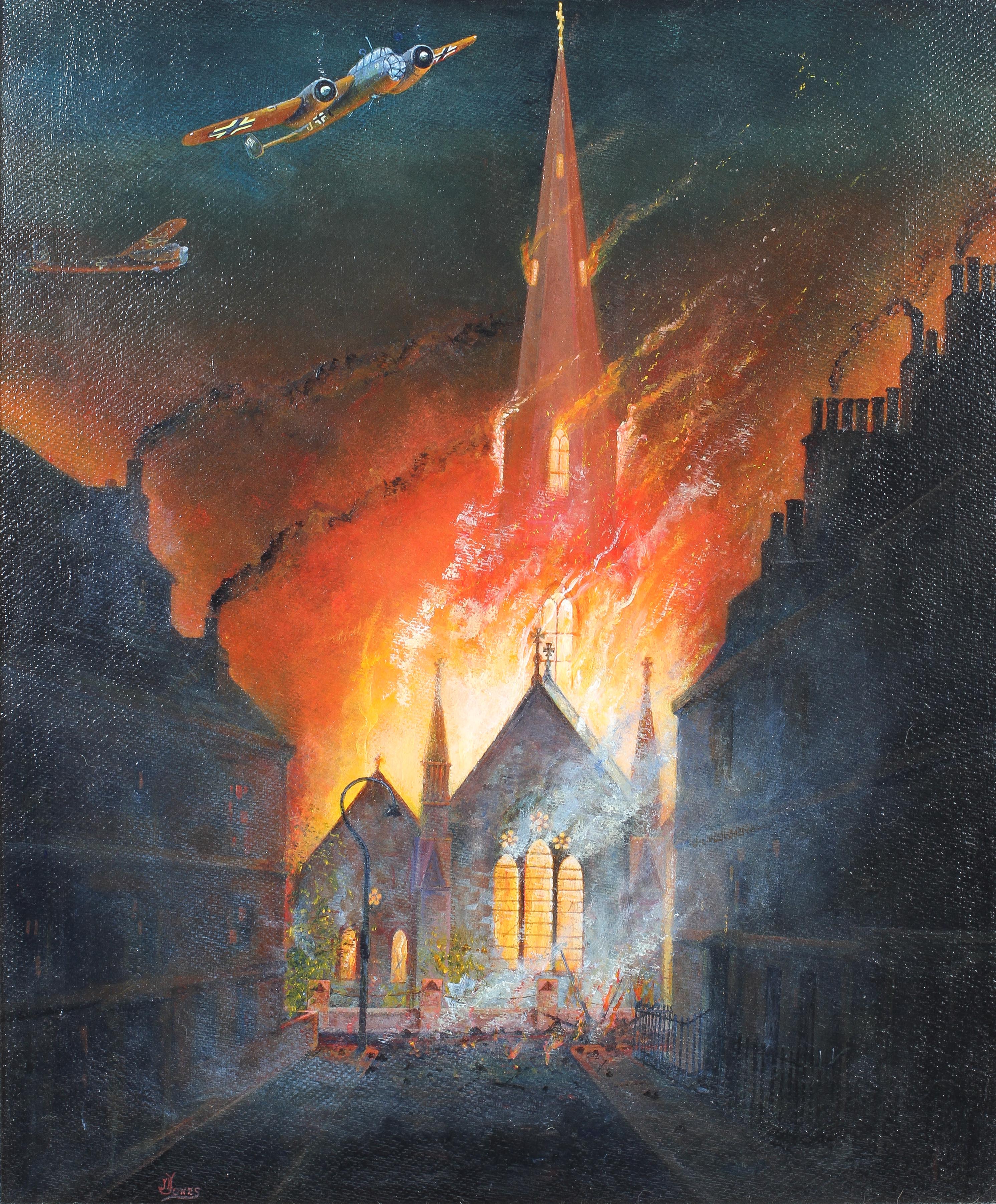 Two Acrylic on board paintings of the Bath Blitz April 1942 depicting St James Church Henry Street - Image 2 of 9