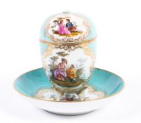 A Dresden turquoise ground cup, cover and a Meissen (outside decorated) saucer, late 19th century,