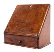 A Victorian burr walnut stationary box, of traditional sloping form, fitted with letter racks,