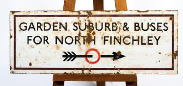 A vintage rectangular enamel London transport sign for 'Garden Suburb & Buses For North Finchley',