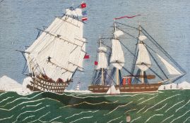 A 19th century sailor's woolwork picture of ships,