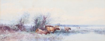 Thomas Rowden (1842-1926) Cattle watering at a shallow river, watercolour, signed lower left,