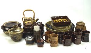 A collection of assorted studio pottery, including cups marked JL to base of handle, bowls,