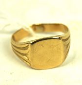 An unmarked yellow metal gents signet ring, 4.