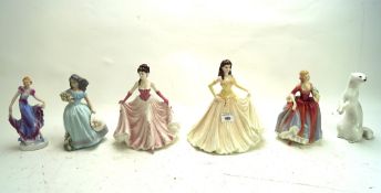 Five ceramic figures of ladies and one of an ermine,