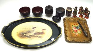 Selection of oriental and European papier mache items, including two trays, lidded pots,