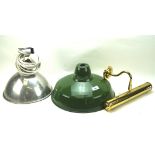 Two vintage ceiling lights and another, with one being a green enamel example with white interior,