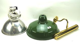 Two vintage ceiling lights and another, with one being a green enamel example with white interior,