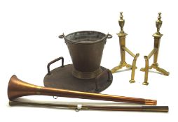 An assortment of metalware, to include a two part horn, pair of brass fire dogs,