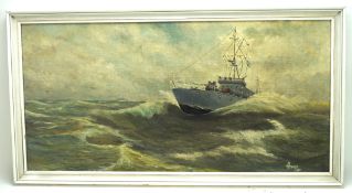 J L Jones, signed and dated painting titled 'Channel Patrol' depicting a military vessel at sea,