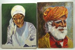 A pair of oil on canvas portraits, one depicting a man in an orange turban,