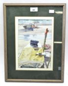 A 20th century watercolour on paper, depicting a coastal scene with two boats close to shore,