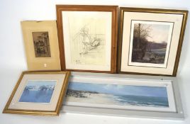 Five pictures and prints, including a seascape signed 'Anthony Walter,