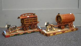 Two vintage match stick models depicting horse and carts, one opening to reveal the fitted interior,
