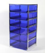 A contemporary blue Perspex and tubular chrome chest of six drawers