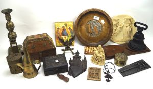 A collection of 19th and 20th century ecclesiastical and other metalware, treen and resin items,