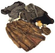 A collection of vintage furs and a sheepskin coat, the furs including stole, fur rimmed jackets,