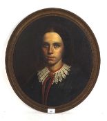 A Victorian oval oil on board of a young girl wearing a lace collar and a brooch with a red ribbon,