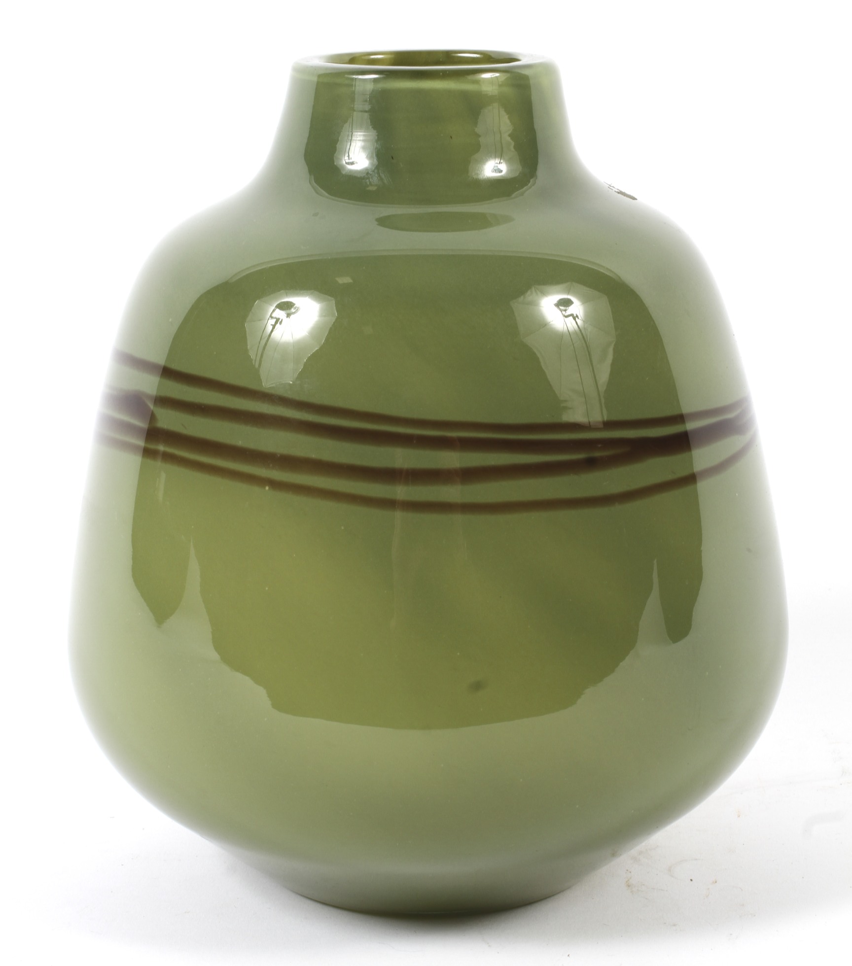 An Art Glass green tinted vase, cased in olive green, decorated with brown lines,