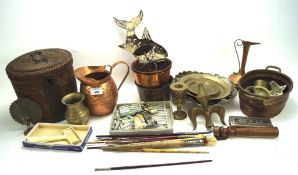 An assortment of metalware and collectables, including copper jelly moulds, a brass candlestick,
