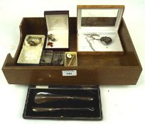 A selection of wares, to include a cased silver button hook/shoe horn set,