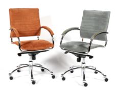 A pair contemporary chrome office chairs of tubular design upholstered in orange and grey blue