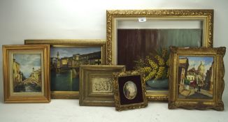 Two gilt framed mirrors and a selection of paintings,