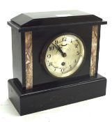 An early 20th century black slate mantle clock, the case with pink marble and engraved details,