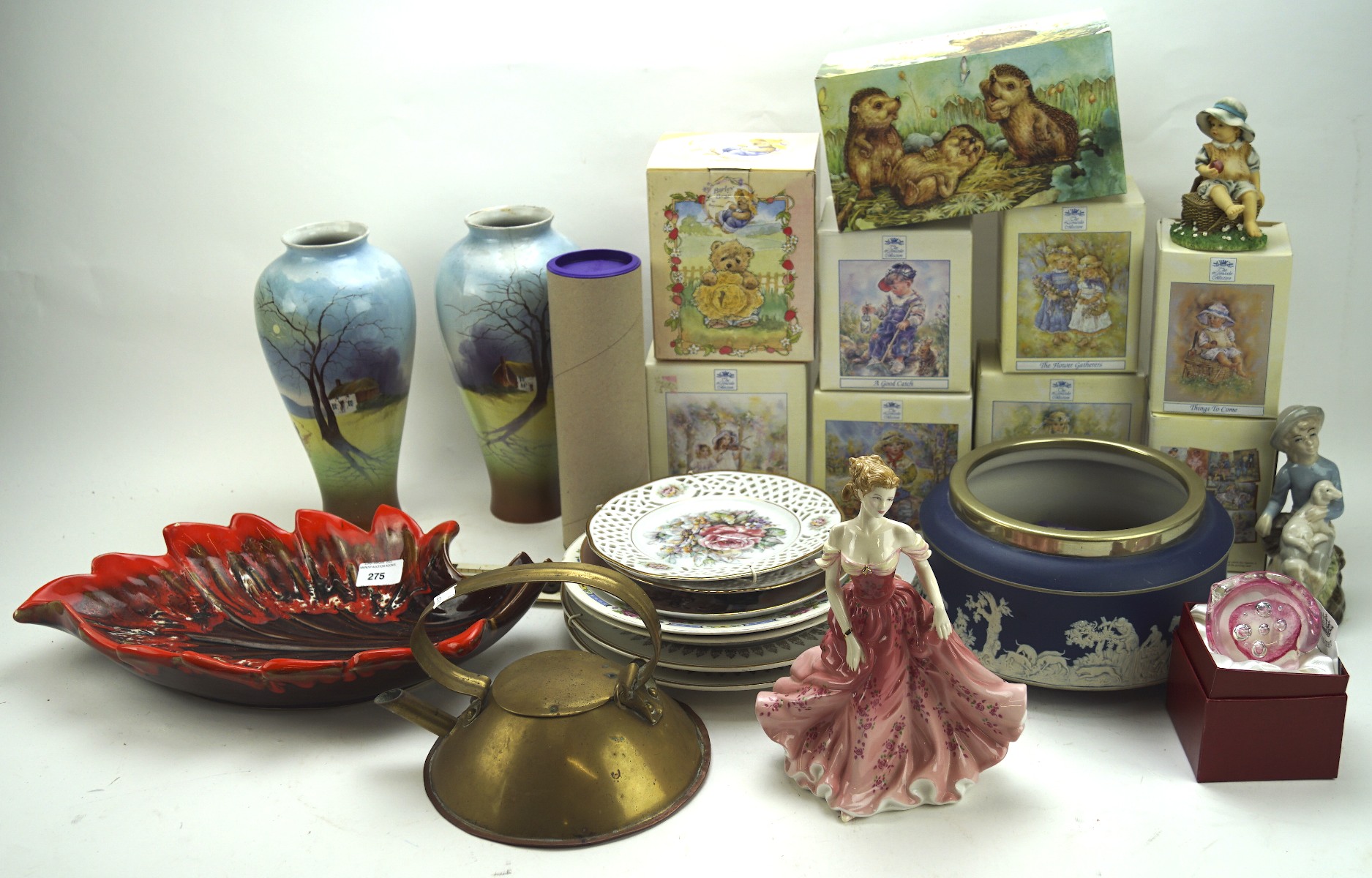 A large selection of assorted ceramics and a brass kettle,