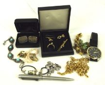 A selection of assorted costume jewellery, to include chains, wristwatch,