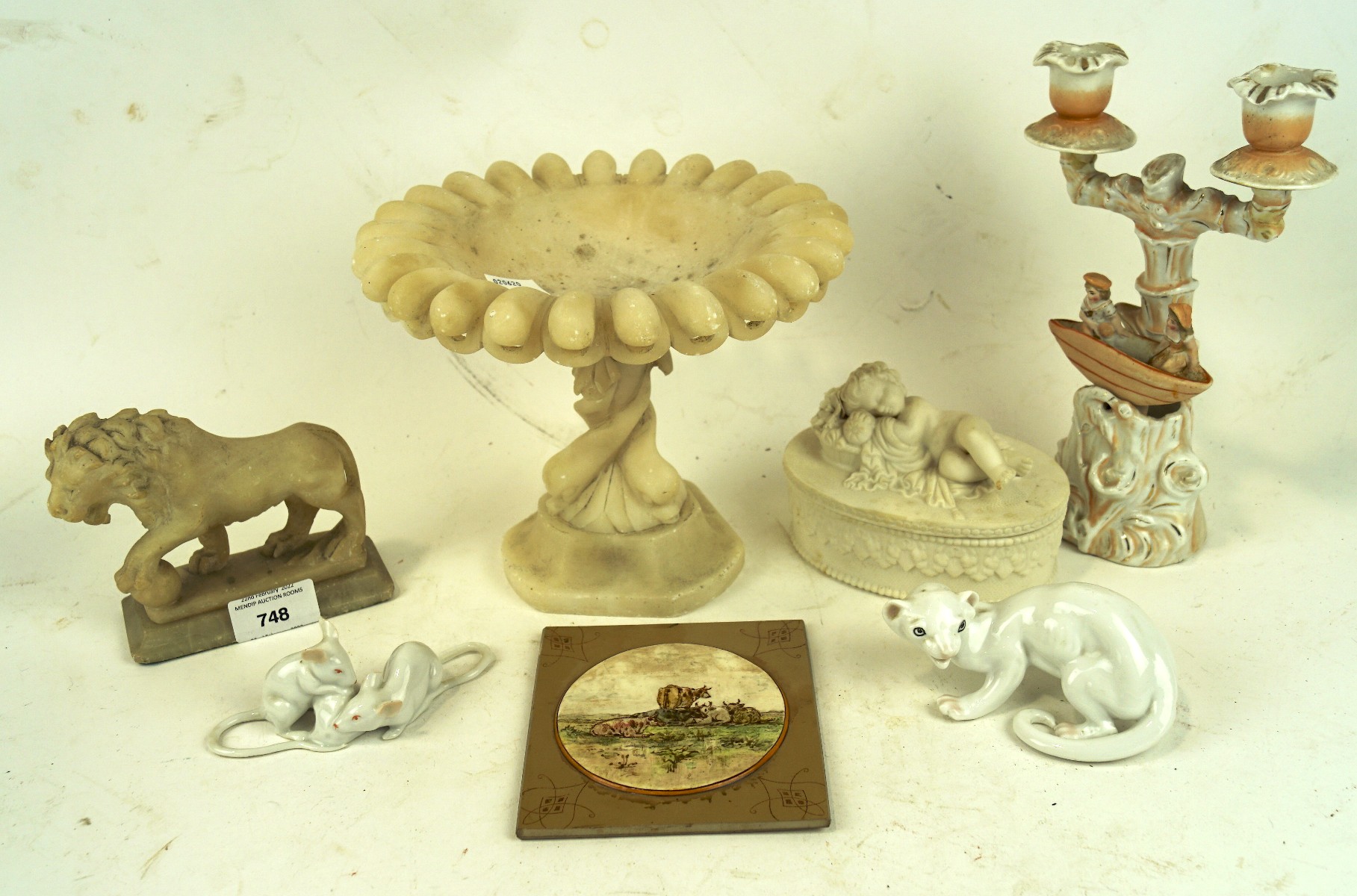 Assorted wares including an Alabaster Tazza, Alabaster figure of a Lion,