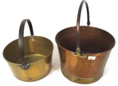 A copper bucket and a brass jam pan