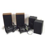 Two sets of vintage speakers and a pair of theatre lights, the largest speakers measuring 49cm high,