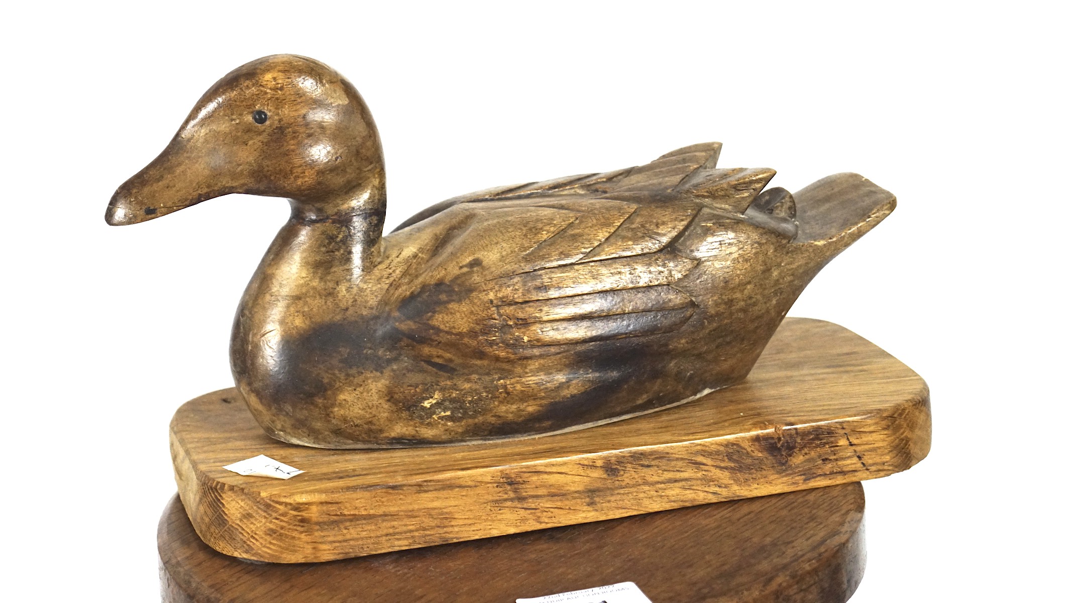 A 19th century turned oak jardiniere stand and a carved wooden model of a duck, - Image 2 of 2