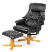 A 'Stressless' style black leather finish armchair with matching footstool,