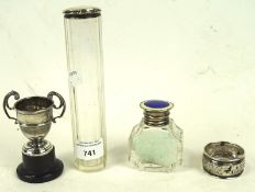 A selection of silver items, to include a small trophy, silver enamel topped glass bottle,