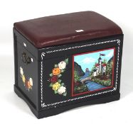 A 20th century small painted Ottoman, barge ware in style, with upholstered seat,