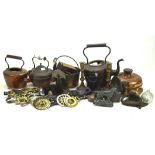 Assorted copper and other metalwares, to include set of scales, horse brasses, kettles,