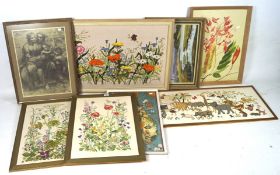 A collection of assorted pictures and prints, to include framed embroideries,