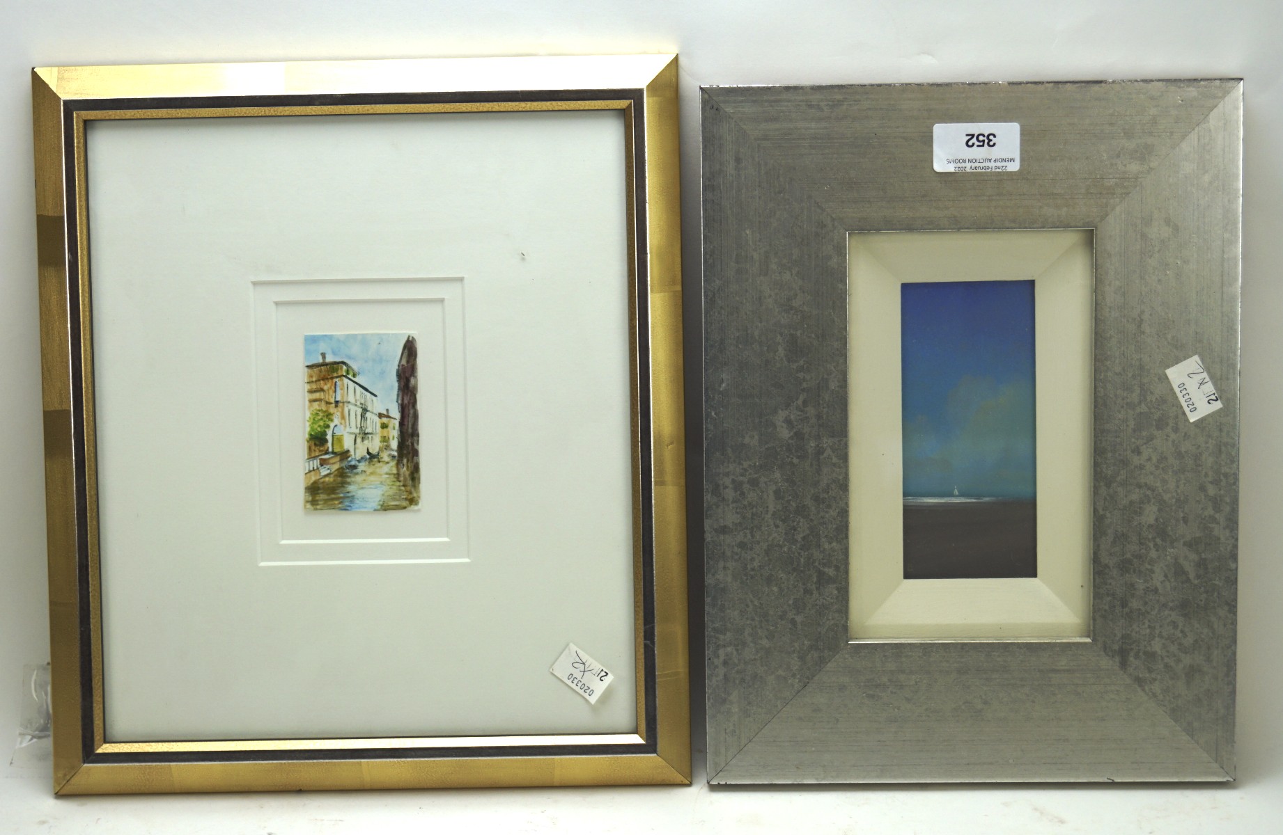 Two small contemporary paintings, one depicting a coastal landscape, titled verso 'Summer Sail',