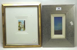 Two small contemporary paintings, one depicting a coastal landscape, titled verso 'Summer Sail',