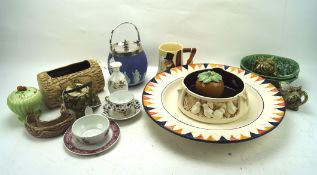 A collection of assorted ceramics, including a Wedgwood biscuit barrel, Sylvac pot and two dishes,