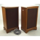 A pair of wooden cased speakers, each with burr wood veneer to top,