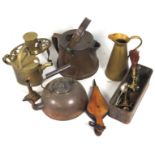 A collection of assorted metalware, to include brass candlesticks, trivet stand, kettle,