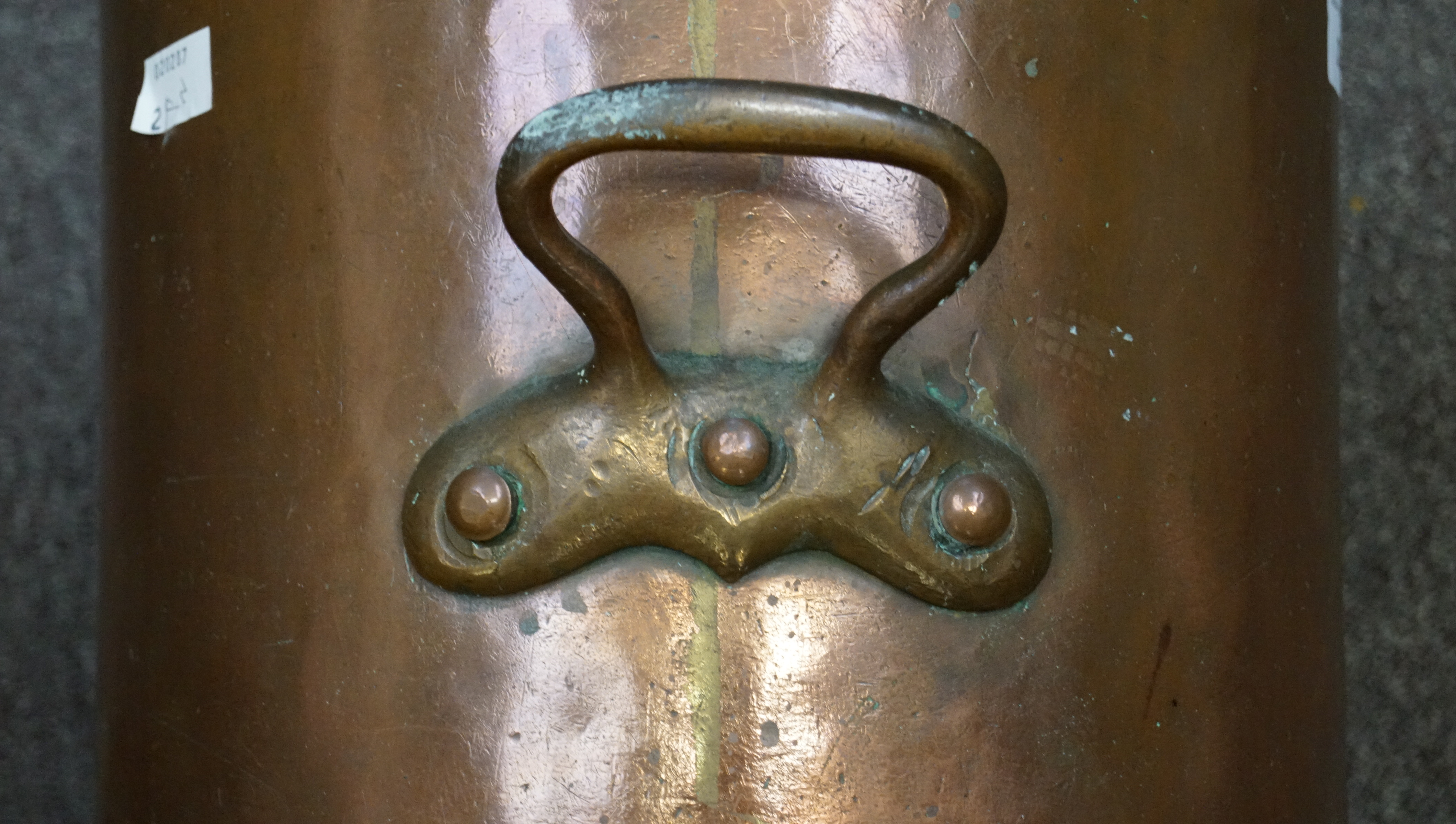 A large late 19th/early 20th century copper liquid vessel, with tap to one side, - Image 8 of 9