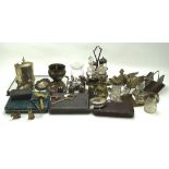 A collection of silver plated and other metalwares, to include a cased silver handled vanity set,