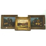 Two 19th century oil paintings of fruit still life, together with a traditional hunting scene,